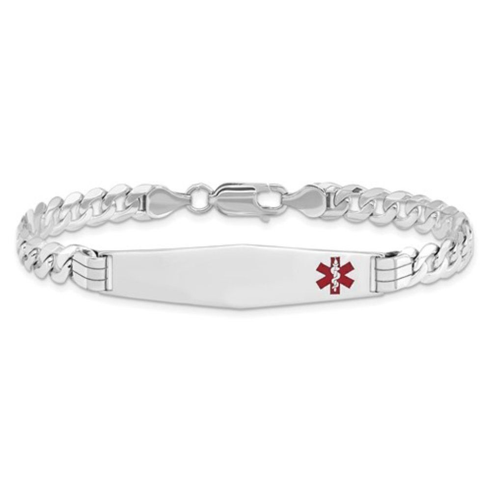 14K White Gold Medical Soft Diamond Shape Red Enamel Flat Curb Link ID Bracelet
